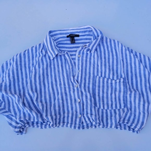 Forever 21 Women's Size L Blue White Stripe Crop Top - Picture 1 of 6